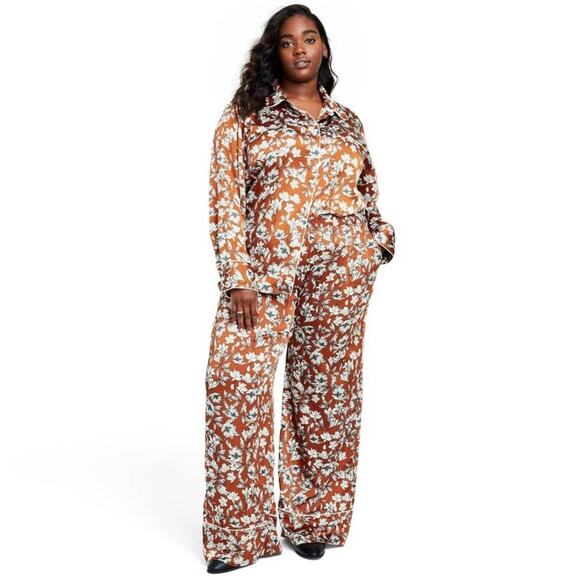 1X 🔖 LA LIGNE x Target Women's Floral Wide Leg Trousers - Brown White - Picture 8 of 15